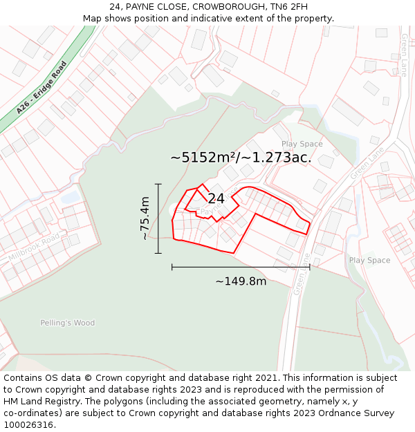24, PAYNE CLOSE, CROWBOROUGH, TN6 2FH: Plot and title map