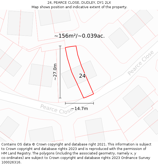 24, PEARCE CLOSE, DUDLEY, DY1 2LX: Plot and title map