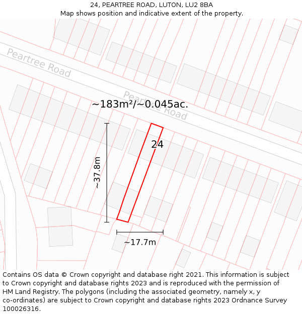 24, PEARTREE ROAD, LUTON, LU2 8BA: Plot and title map