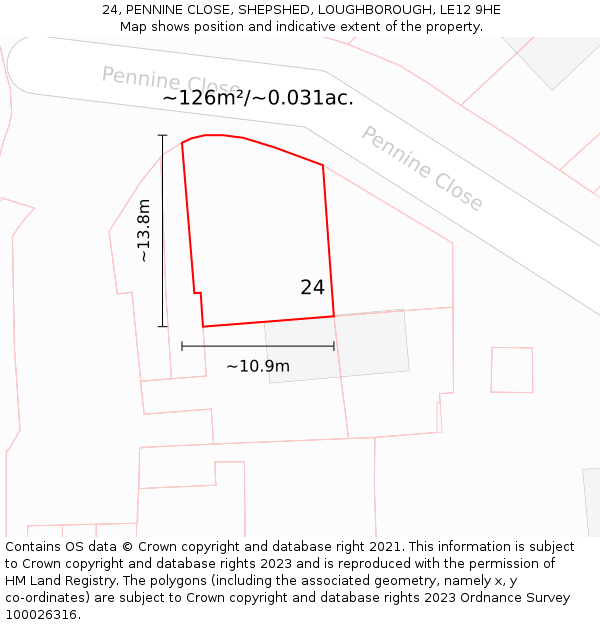 24, PENNINE CLOSE, SHEPSHED, LOUGHBOROUGH, LE12 9HE: Plot and title map