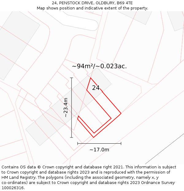 24, PENSTOCK DRIVE, OLDBURY, B69 4TE: Plot and title map