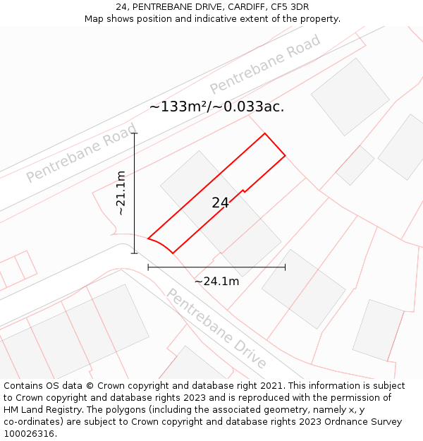 24, PENTREBANE DRIVE, CARDIFF, CF5 3DR: Plot and title map