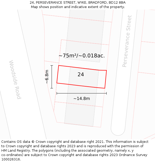 24, PERSEVERANCE STREET, WYKE, BRADFORD, BD12 8BA: Plot and title map