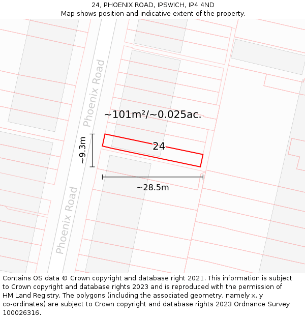 24, PHOENIX ROAD, IPSWICH, IP4 4ND: Plot and title map