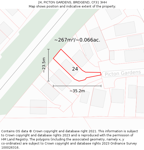 24, PICTON GARDENS, BRIDGEND, CF31 3HH: Plot and title map