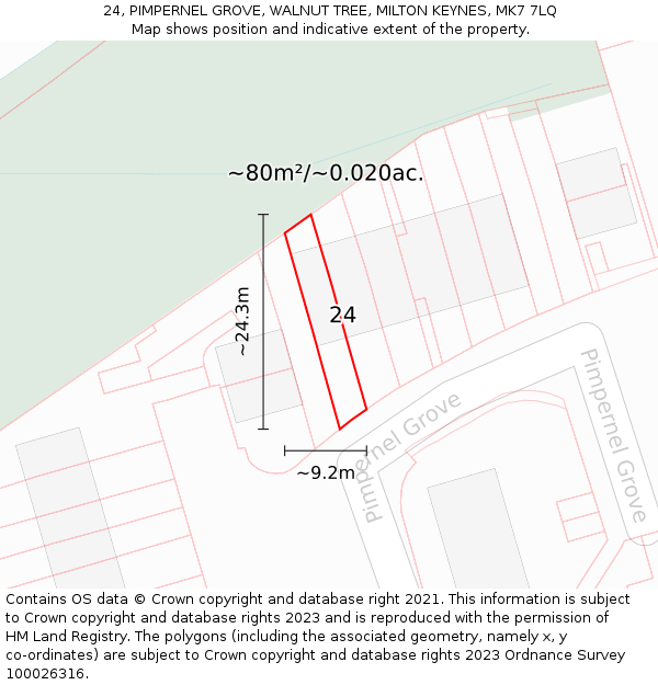 24, PIMPERNEL GROVE, WALNUT TREE, MILTON KEYNES, MK7 7LQ: Plot and title map