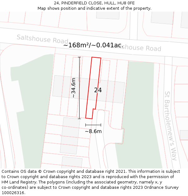 24, PINDERFIELD CLOSE, HULL, HU8 0FE: Plot and title map