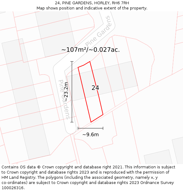 24, PINE GARDENS, HORLEY, RH6 7RH: Plot and title map