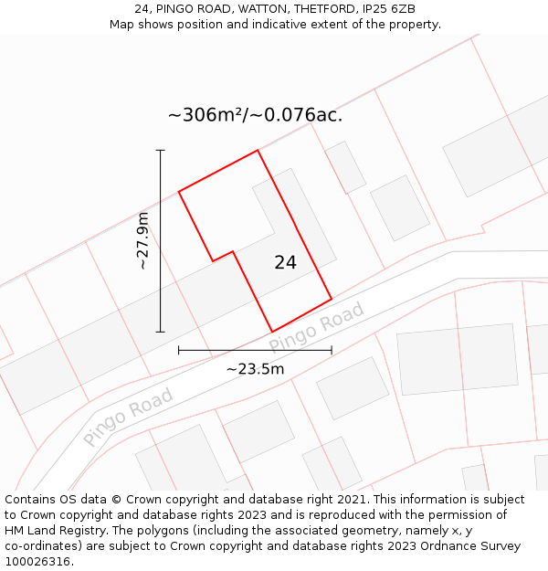 24, PINGO ROAD, WATTON, THETFORD, IP25 6ZB: Plot and title map
