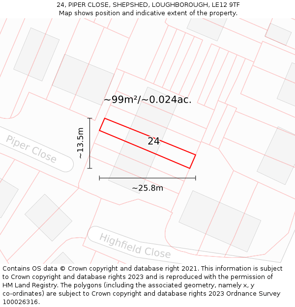 24, PIPER CLOSE, SHEPSHED, LOUGHBOROUGH, LE12 9TF: Plot and title map