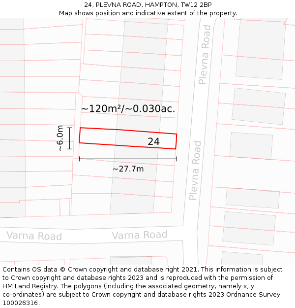 24, PLEVNA ROAD, HAMPTON, TW12 2BP: Plot and title map