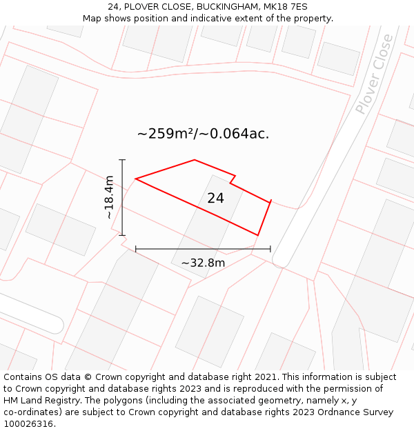 24, PLOVER CLOSE, BUCKINGHAM, MK18 7ES: Plot and title map