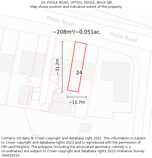 24, POOLE ROAD, UPTON, POOLE, BH16 5JB: Plot and title map