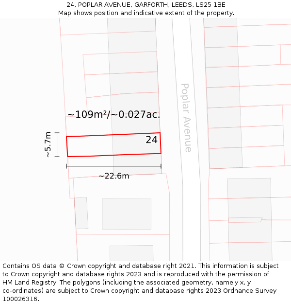 24, POPLAR AVENUE, GARFORTH, LEEDS, LS25 1BE: Plot and title map