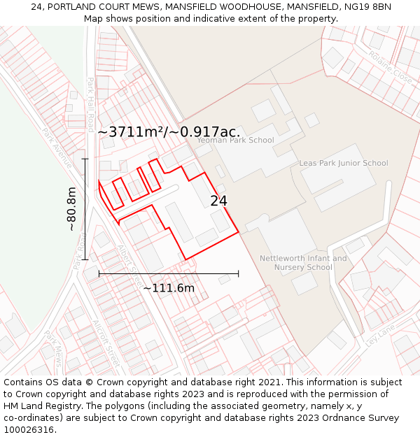 24, PORTLAND COURT MEWS, MANSFIELD WOODHOUSE, MANSFIELD, NG19 8BN: Plot and title map