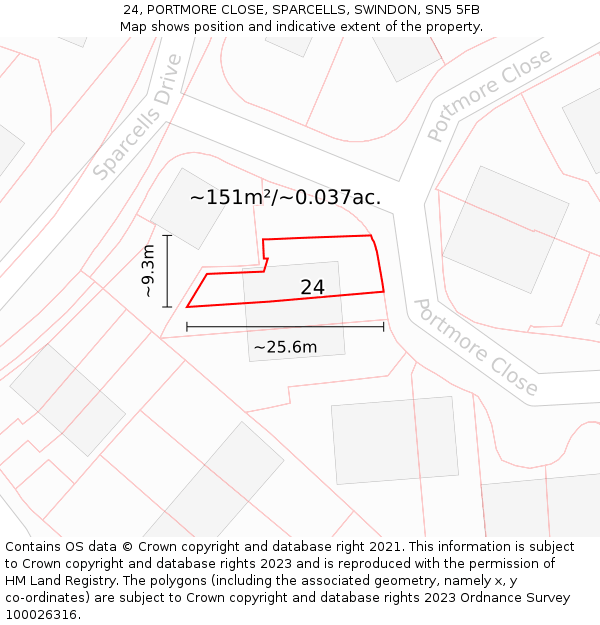 24, PORTMORE CLOSE, SPARCELLS, SWINDON, SN5 5FB: Plot and title map