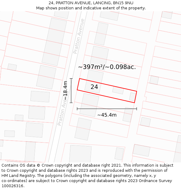 24, PRATTON AVENUE, LANCING, BN15 9NU: Plot and title map