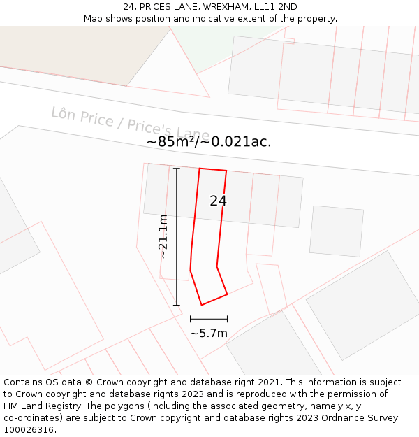 24, PRICES LANE, WREXHAM, LL11 2ND: Plot and title map
