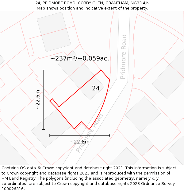 24, PRIDMORE ROAD, CORBY GLEN, GRANTHAM, NG33 4JN: Plot and title map