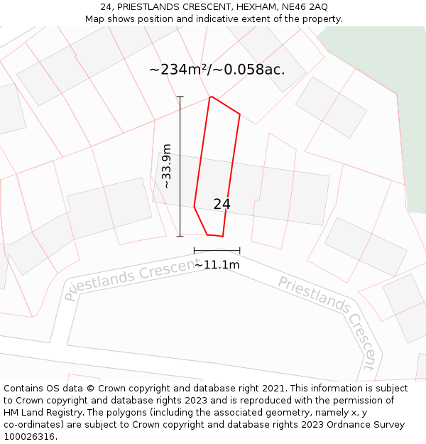 24, PRIESTLANDS CRESCENT, HEXHAM, NE46 2AQ: Plot and title map