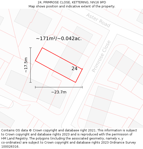 24, PRIMROSE CLOSE, KETTERING, NN16 9PD: Plot and title map