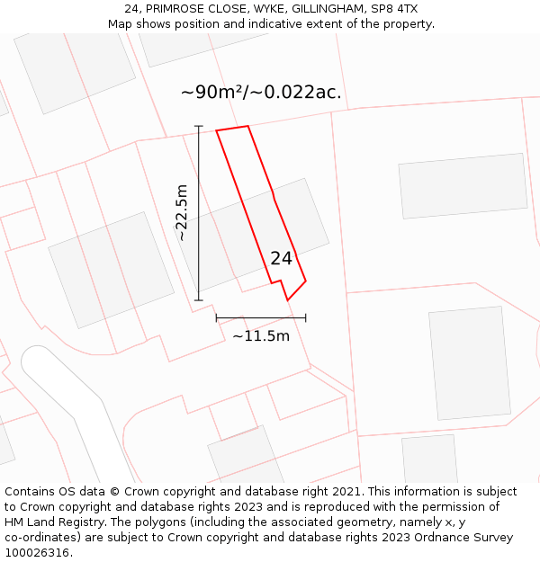 24, PRIMROSE CLOSE, WYKE, GILLINGHAM, SP8 4TX: Plot and title map