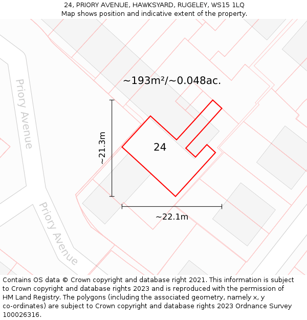 24, PRIORY AVENUE, HAWKSYARD, RUGELEY, WS15 1LQ: Plot and title map