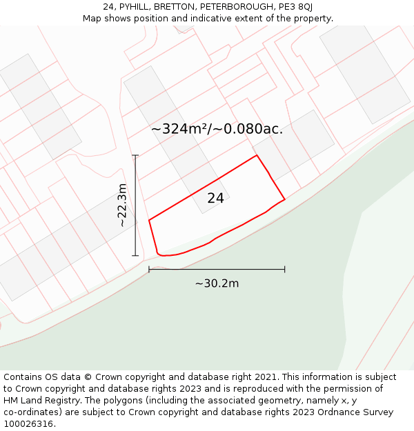 24, PYHILL, BRETTON, PETERBOROUGH, PE3 8QJ: Plot and title map