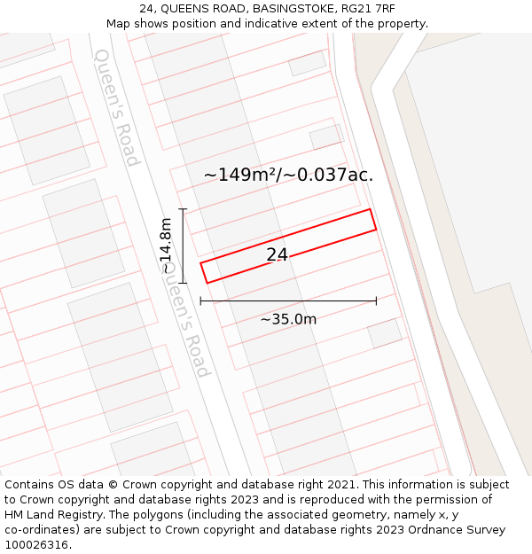 24, QUEENS ROAD, BASINGSTOKE, RG21 7RF: Plot and title map