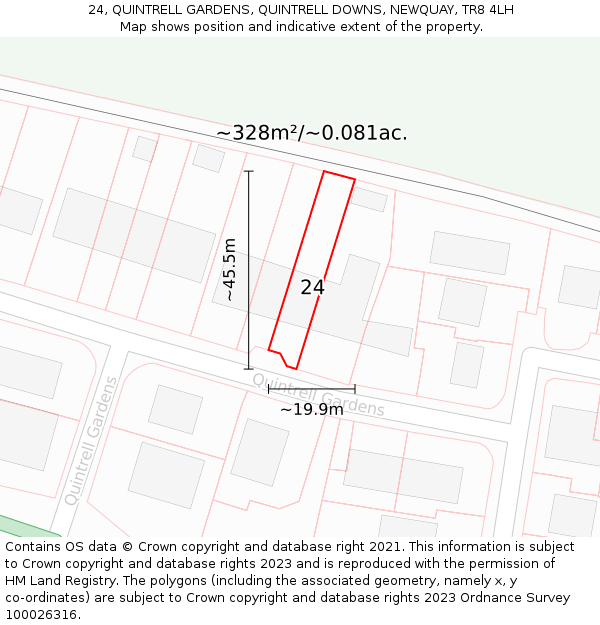 24, QUINTRELL GARDENS, QUINTRELL DOWNS, NEWQUAY, TR8 4LH: Plot and title map