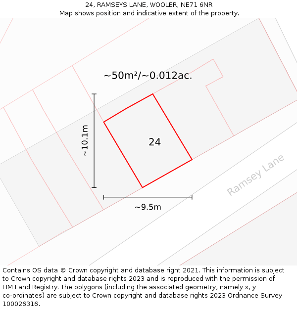 24, RAMSEYS LANE, WOOLER, NE71 6NR: Plot and title map
