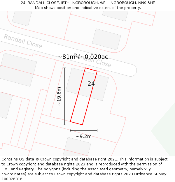 24, RANDALL CLOSE, IRTHLINGBOROUGH, WELLINGBOROUGH, NN9 5HE: Plot and title map