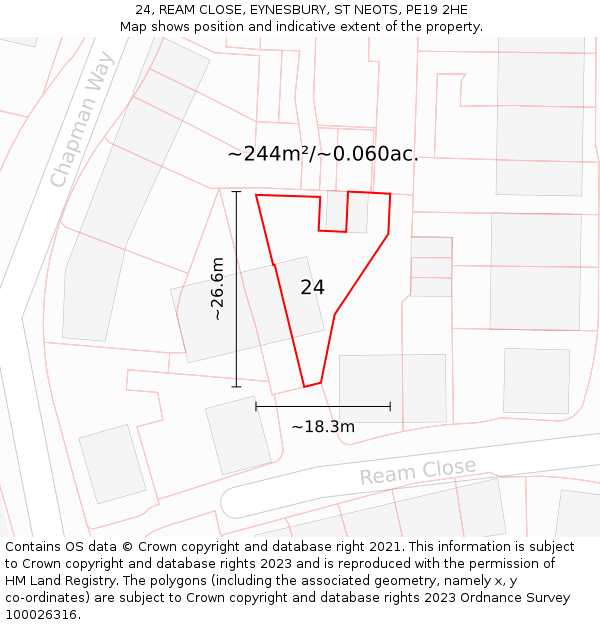 24, REAM CLOSE, EYNESBURY, ST NEOTS, PE19 2HE: Plot and title map
