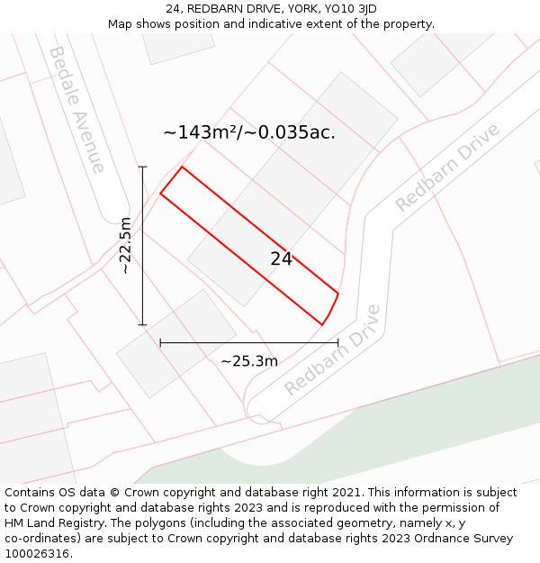 24, REDBARN DRIVE, YORK, YO10 3JD: Plot and title map