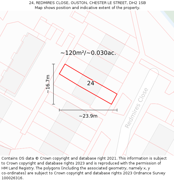 24, REDMIRES CLOSE, OUSTON, CHESTER LE STREET, DH2 1SB: Plot and title map