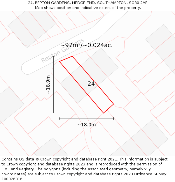 24, REPTON GARDENS, HEDGE END, SOUTHAMPTON, SO30 2AE: Plot and title map