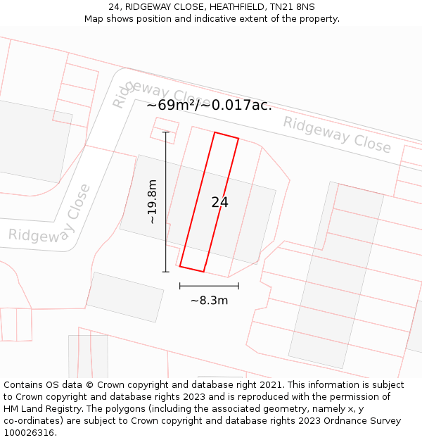 24, RIDGEWAY CLOSE, HEATHFIELD, TN21 8NS: Plot and title map