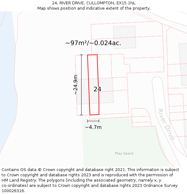 24, RIVER DRIVE, CULLOMPTON, EX15 1NL: Plot and title map