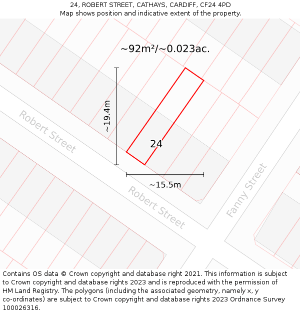 24, ROBERT STREET, CATHAYS, CARDIFF, CF24 4PD: Plot and title map