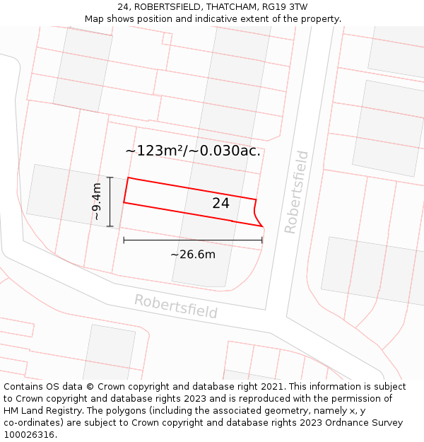 24, ROBERTSFIELD, THATCHAM, RG19 3TW: Plot and title map