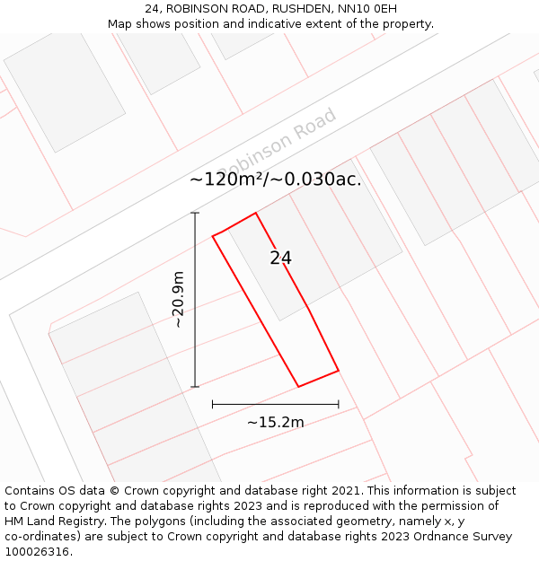 24, ROBINSON ROAD, RUSHDEN, NN10 0EH: Plot and title map