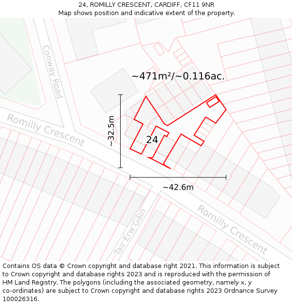 24, ROMILLY CRESCENT, CARDIFF, CF11 9NR: Plot and title map