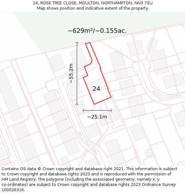 24, ROSE TREE CLOSE, MOULTON, NORTHAMPTON, NN3 7SU: Plot and title map