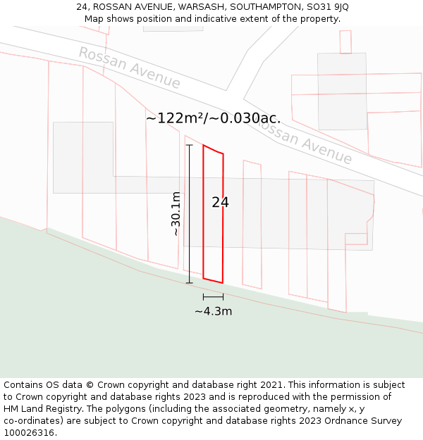 24, ROSSAN AVENUE, WARSASH, SOUTHAMPTON, SO31 9JQ: Plot and title map
