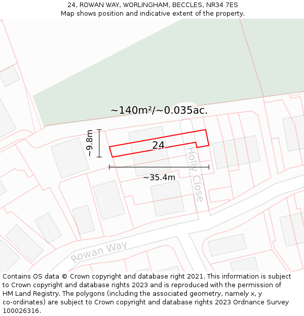 24, ROWAN WAY, WORLINGHAM, BECCLES, NR34 7ES: Plot and title map
