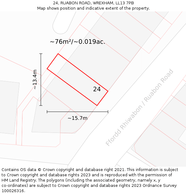 24, RUABON ROAD, WREXHAM, LL13 7PB: Plot and title map