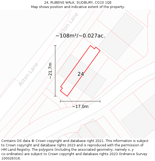 24, RUBENS WALK, SUDBURY, CO10 1QE: Plot and title map