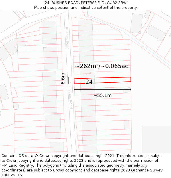 24, RUSHES ROAD, PETERSFIELD, GU32 3BW: Plot and title map