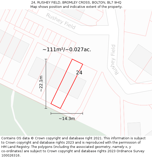 24, RUSHEY FIELD, BROMLEY CROSS, BOLTON, BL7 9HQ: Plot and title map