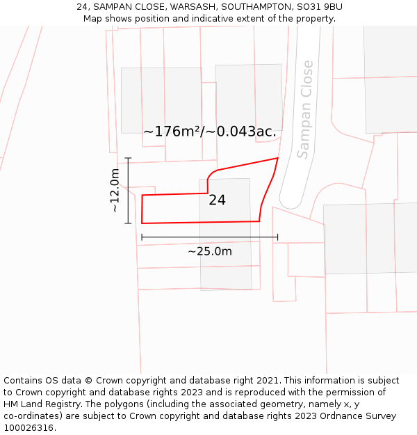24, SAMPAN CLOSE, WARSASH, SOUTHAMPTON, SO31 9BU: Plot and title map